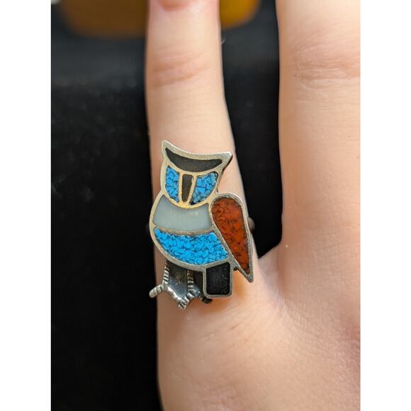 Vintage Native American Zuni Turquoise Sterling Silver Owl Inlay Ring Size 3.75 - Picture 1 of 7